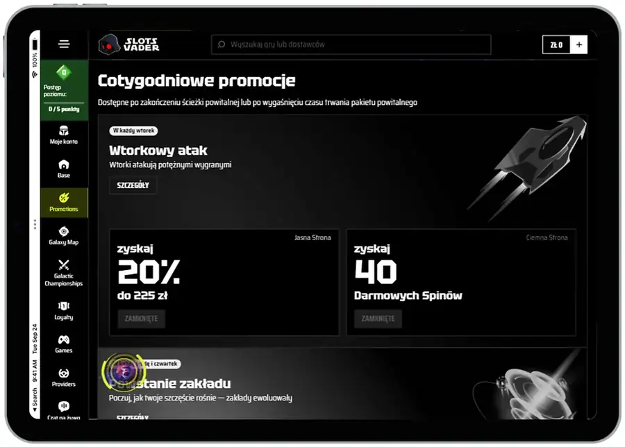 Cotygodniowe promocje SlotsVader: Wtorkowy Atak z wyborem Jasnej lub Ciemnej Strony