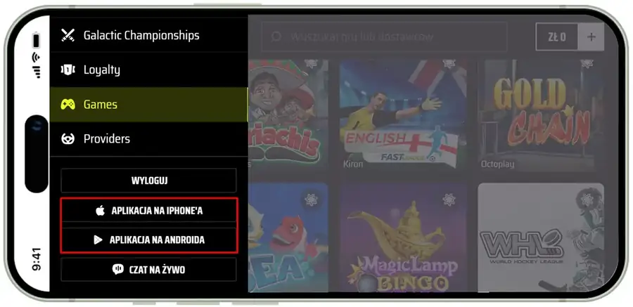 Menu mobilne SlotsVader z opcją Aplikacja na Androida i iPhone'a