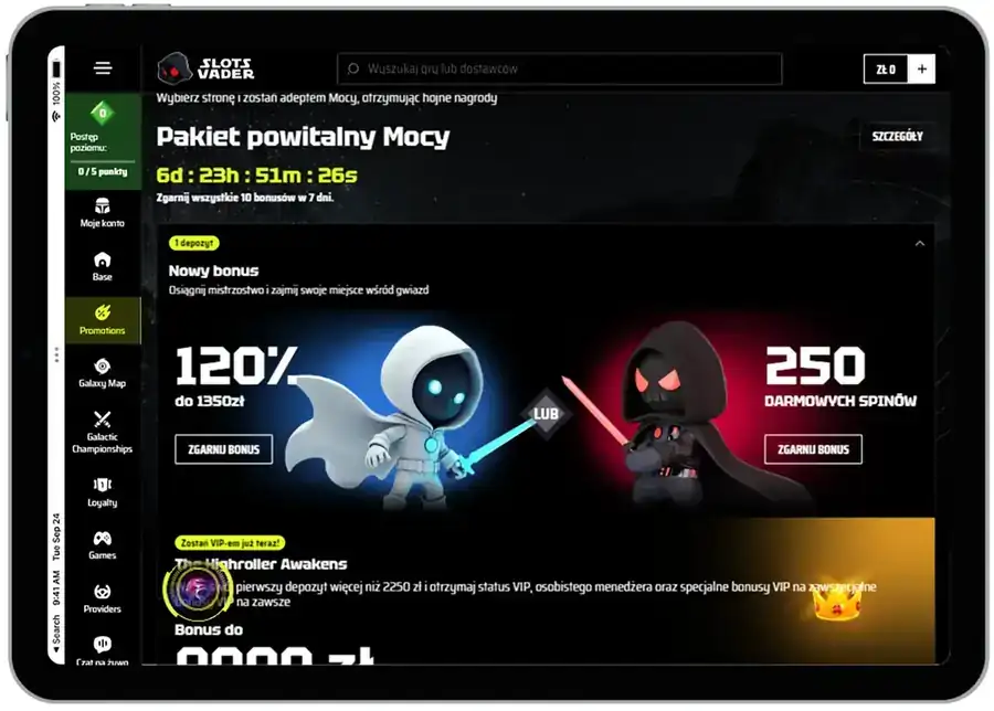 Pakiet Powitalny Mocy w SlotsVader: 120% do 1 350 zł lub 250 darmowych spinów