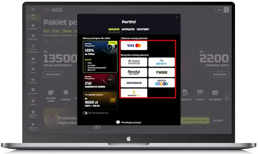 Portfel gracza SlotsVader z metodami wpłaty: Visa, Mastercard, Revolut, MiFinity, krypto
