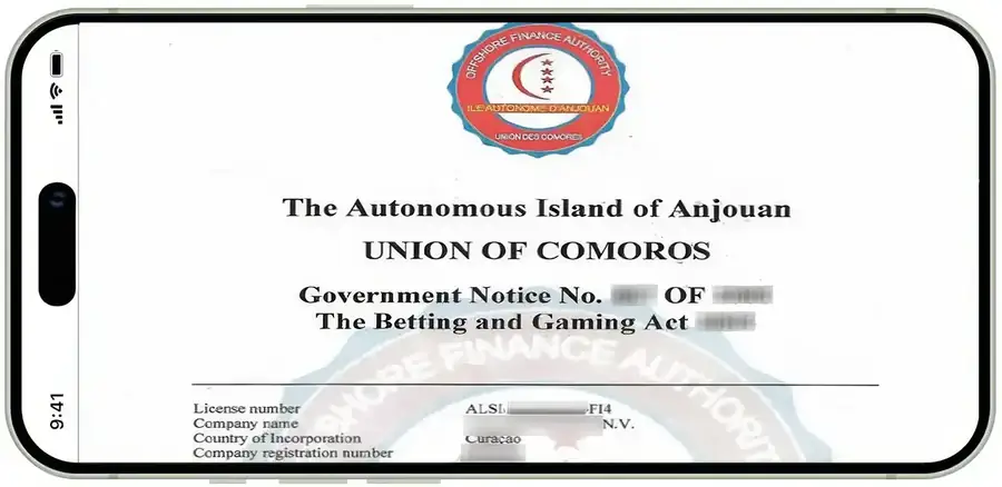 Dokument licencji Anjouan Gaming Authority dla operatora kasyna SlotsVader