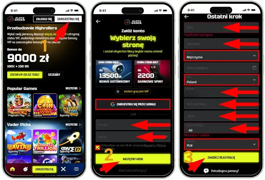 Formularz rejestracji w kasynie SlotsVader na telefonie